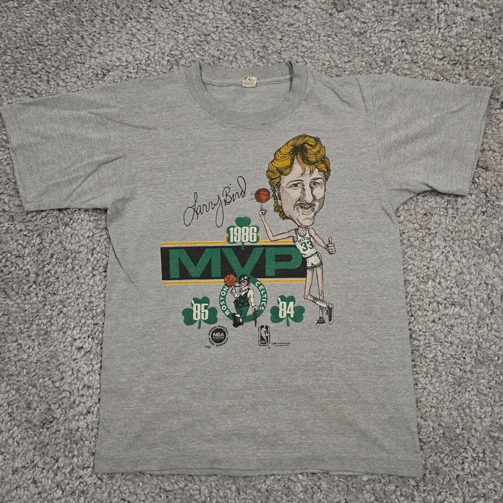 Vintage Larry‎ Bird Celtics Men's MVP Graphic Shirt Gray 80s Size Small Retro